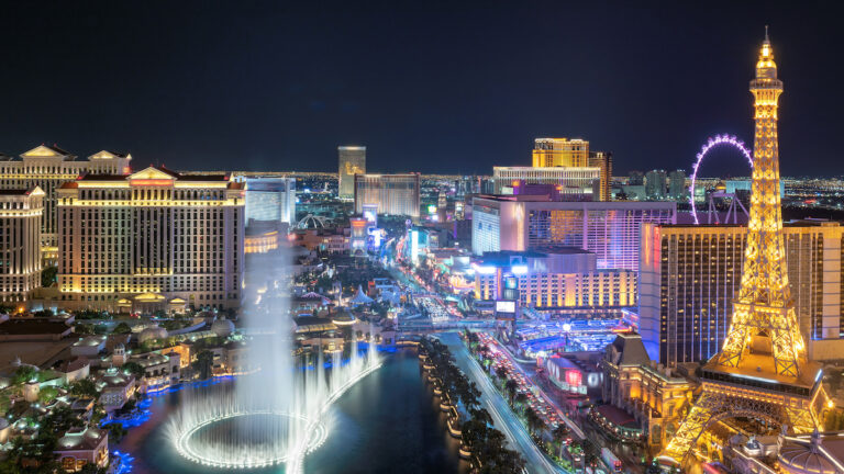 LAS VEGAS, USA - Las Vegas strip skyline in Nevada as seen at night,