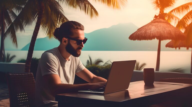 Digital nomad visa concept. Enabling to live and work in foreign country while continuing their employment or business activities online. Freedom and flexibility of remote work.