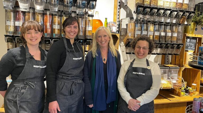 the Refillable Tetbury team with South Cotswold MP Roz Savage who visited recently.